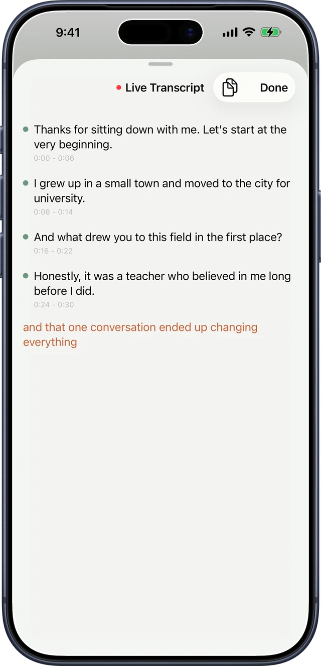 Thoth live transcript on iPhone