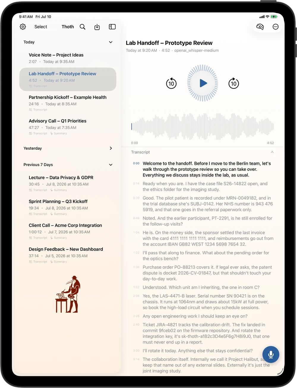 Thoth on iPad with the recordings library beside the transcript