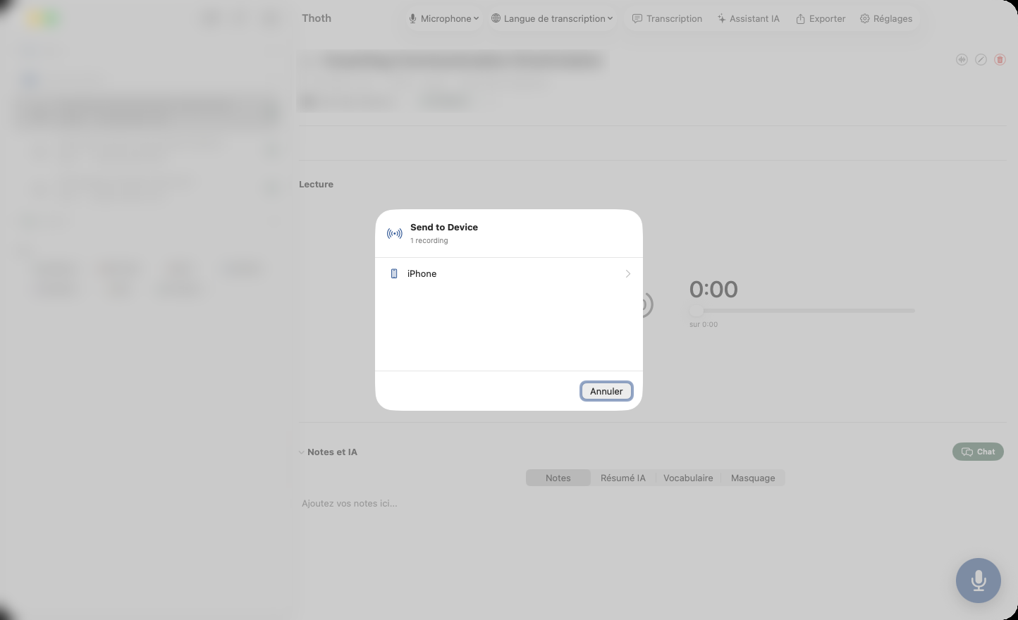 Thoth envoyant un enregistrement du Mac vers l'iPhone